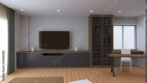 The living area of the house is a TV cabinet with a desk and a work chair. modern style decoration,3d rendering