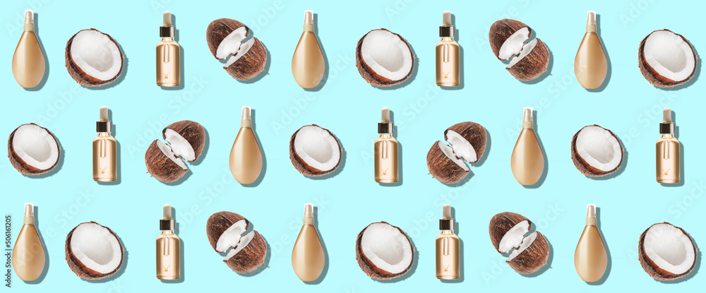 Cosmetics with coconut on light blue background. Pattern for design Cosmetics with coconut on light blue background. Pattern for design