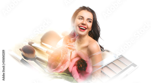 Young woman with mascara on...