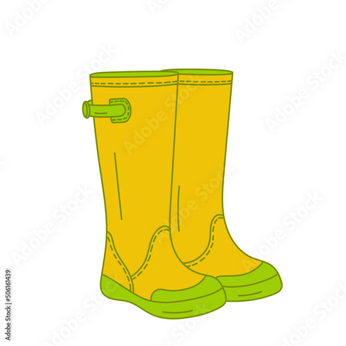 Vector illustration of a hand drawn yellow rubber boots isolated on a white background.