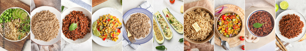 Set of tasty dishes with healthy quinoa, top view Set of tasty dishes with healthy quinoa, top view