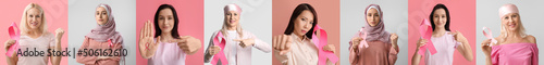 Women with pink ribbons on ...