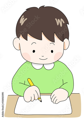 正しい姿勢で机に向かい鉛筆で字を書く男の子（カラー・中間色・ジェンダーレスカラー）