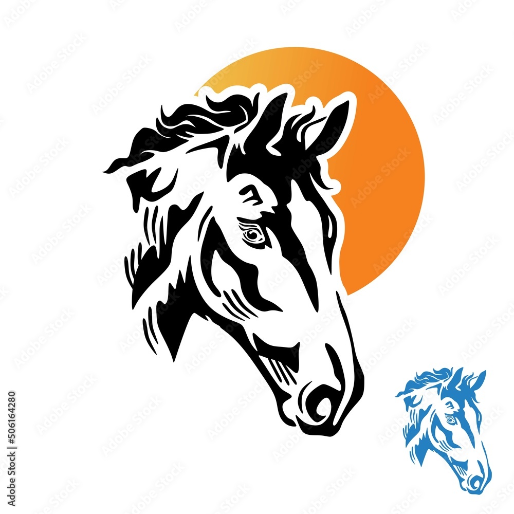 horse head with moon logo,  silhouette of black strong horse, vector illustrations