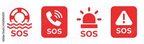 SOS Emergency icon collection. Containing Emergency alarm, SOS help service sign vector illustration. photo
