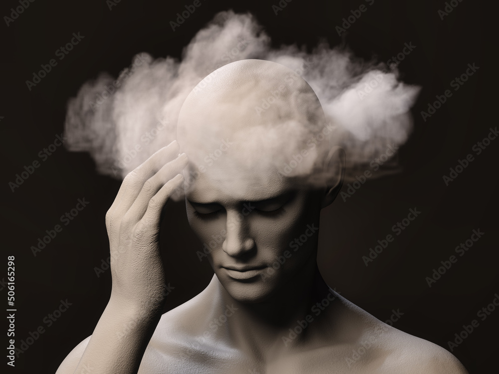 Brain fog. A male figure with his right hand on her temple and a pained ...