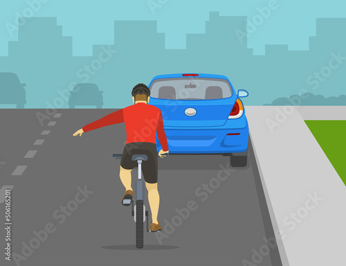 Traffic regulation rules and tips. Safe bicycle riding. Back view of a cyclist showing turning gesture while cycling. Bicycle rider passing the parked car. Flat vector illustration.