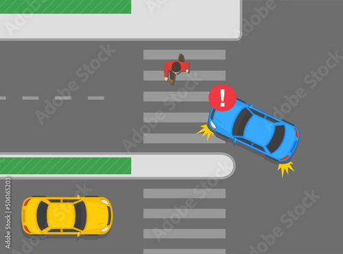 Safety car driving and traffic regulation rules. Wrong turn position on multi-lane roads. Left turn when there is a pedestrian on crosswalk. Flat vector illustration template.