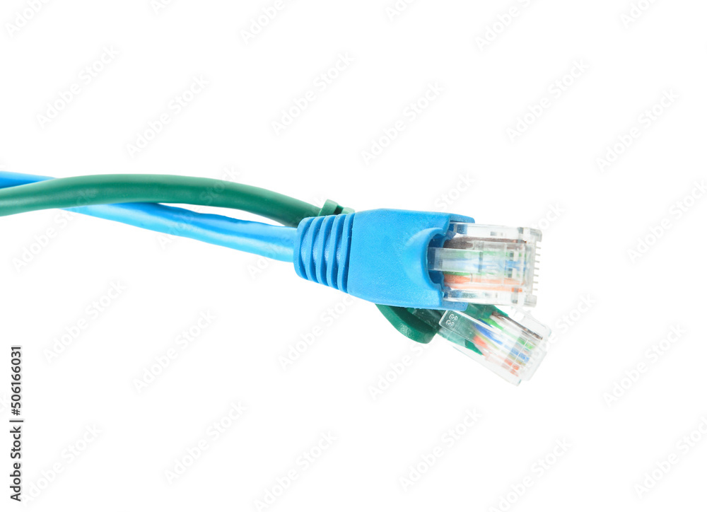 Modern internet cables isolated on white background, closeup Modern internet cables isolated on white background, closeup