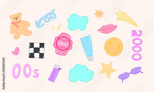 Collection on the theme of the 00s. Set of icons - hearts, star, badges and stickers. Glamorous vector illustration Y2k.