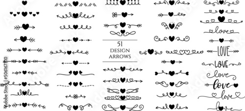 51 design Arrow heart love ,Big collection of decorative elements ,arrows, heart, doodle,hand drawn,line art style.vector illustration