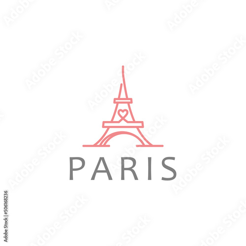 outline Eiffel Tower with hearts love logo design vector illustration