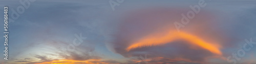 Panorama of a dark blue sunset sky with pink Cumulus clouds. Seamless hdr 360 panorama in spherical equiangular format. Full zenith for 3D visualization, sky replacement for aerial drone panoramas. © panophotograph