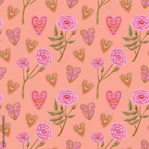 Seamless pattern with flowers. Rose. Heart. Watercolor and acrylic illustration. The print is used for Wallpaper design, fabric, textile,