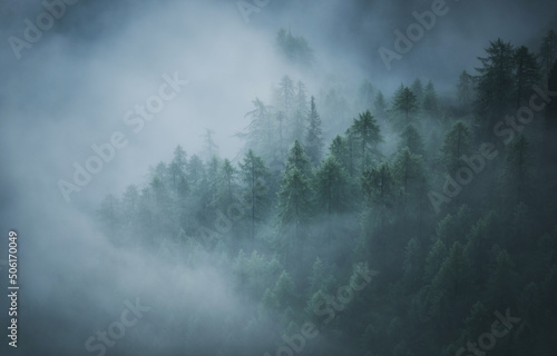 Vivid sunrise in the mountains with fog in the valley. Fog rolled through the valleys below the hills.  © gljivec