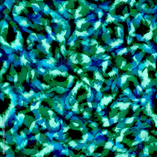 Abstract blurry green – blue animal skin spots seamless pattern on a black background Limited colors leopard skin, jaguar fur