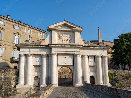 Bergamo, Italy. The old town. Amazing view at the ancient gate Porta San Giacomo. Bergamo one of the most beautiful cities in Italy. Tourists destination. Bergamo Italian capital of culture 2023