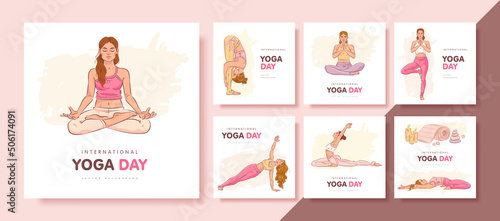 Set of hand drawn square greeting card or banner for international day of yoga