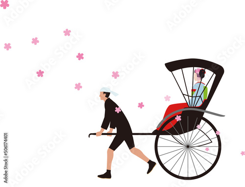春、桜と人力車と和服の女性.和風イラスト