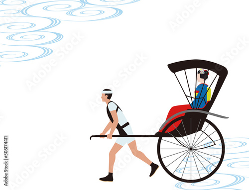 夏、流水文様と人力車と和服の女性.和風イラスト