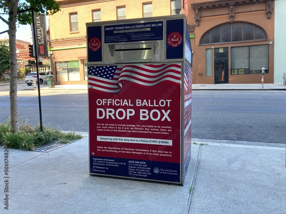 Official vote by mail ballot drop box located outdoors. Close up San