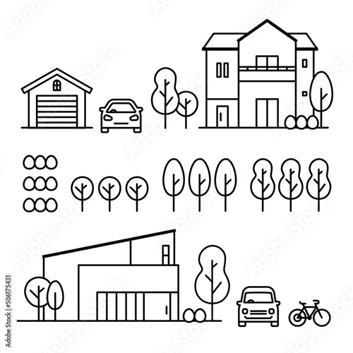 郊外の一軒家、植木、自動車、自転車、ガレージのアイコンセット