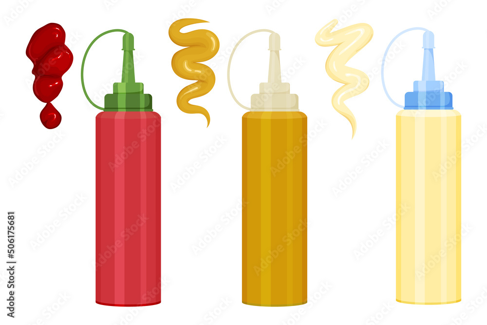 Obraz premium Cartoon set of sauces in plastic bottle and with splashes. Bottle with mayonnaise, ketchup and mustard. Vector jar isolated on a white background for app, games, banner, menu fast food restaurants.