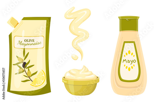 A set of olive mayonnaise in plastic bag and bottle, mayonnaise in a bowl, splash of mayonnaise. A set of barbecue sauce, picnic, apps, games, banner, advertising, fast food restaurant.
