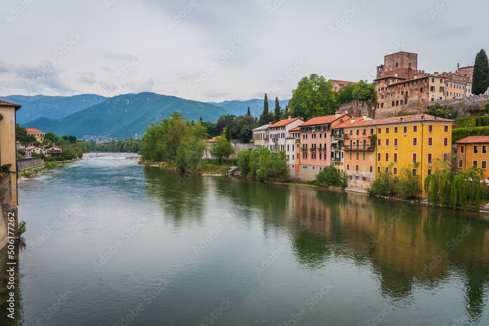 View of Bassano del Grappa with the Brenta River from the Alpini Bridge, Vicenza, Veneto, Italy, Europe
