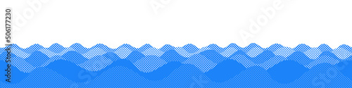 Vector drawing of waves on the sea, halftone dots background, fading dot effect