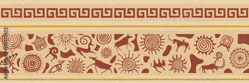 Ethnic border on the theme of rock paintings, vector design. Seamless pattern, banner.
