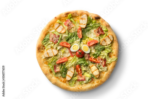 Pizza chicken meat and tomatoes. Photo of food on a white background