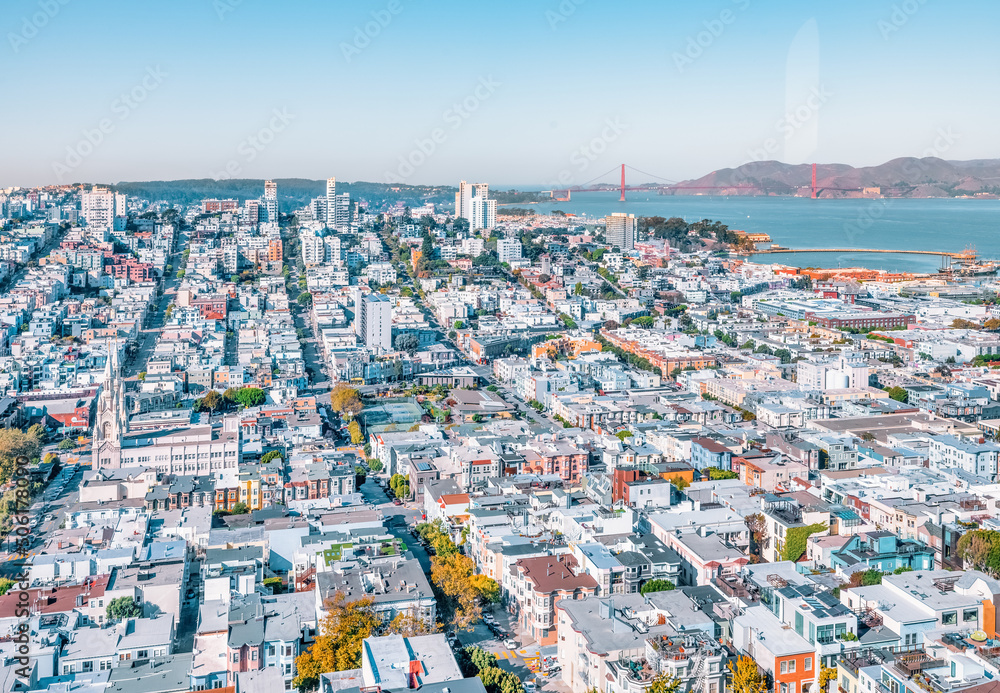 Beautiful bird's eye view of the city and San Francisco Bay from the Coit Tower, Photo processed in pastel colors