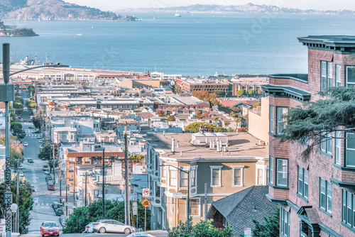 SAN FRANCISCO, USA - OCTOBER 16, 2021, historic skyline, panoramic street view overlooking San Francisco Bay.