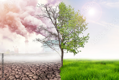 Fotobehang comparing green earth and effect of air pollution from human action, global warm