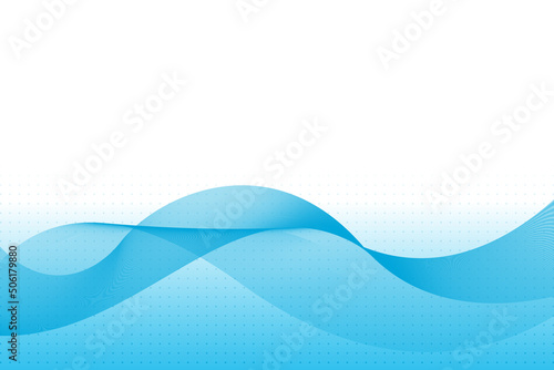 Abstract blue wave lines flowing horizontally on a white background with a blue gradient dotted pattern, ideal for technology, music, science and the digital world