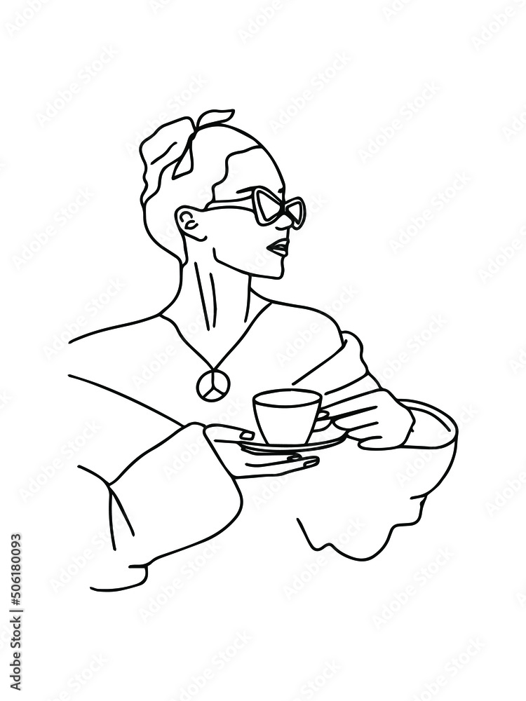 Beautiful woman portrait drinking coffee in trendy line art style. Continuous fashion woman for print, poster, wallpaper, banner, promotion, tattoo. Vector illustration