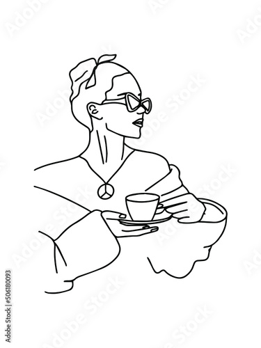 Beautiful woman portrait drinking coffee in trendy line art style. Continuous fashion woman for print, poster, wallpaper, banner, promotion, tattoo. Vector illustration