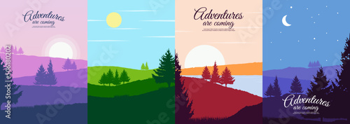 Set of abstract vector landscapes. Natural silhouettes of tree. Design for background, wallpaper, banner, tourism card. 