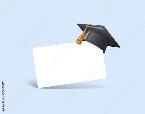 Black graduation cap with gold tassel and white paper sheet.