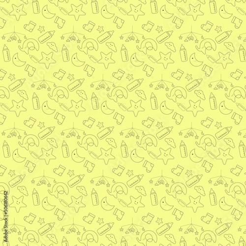 Pattern baby. Yellow background. Baby bottles