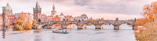 Panoramic view of Charles Bridge in Prague, beautiful landscape. The photo was processed in pastel colors.