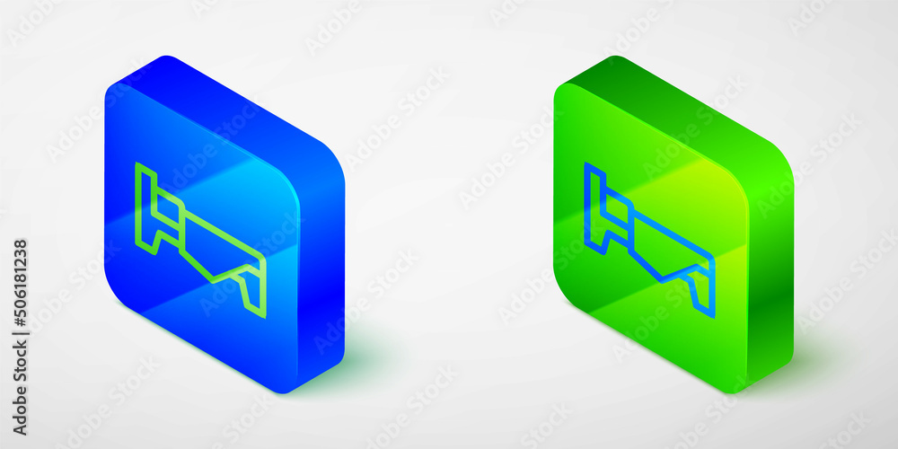 Isometric line Bed icon isolated on grey background. Blue and green square button. Vector Isometric line Bed icon isolated on grey background. Blue and green square button. Vector
