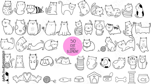 Big set cat animal cartoon hand drawn,doodle,line art style Cute cartoon funny character.  Pet collection. Flat design Baby background.vector illustration © artdee2554