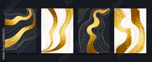 Set of abstract golden wall art template. Elegant line art, shining wave lines, gold foil on dark background. Collection of luxury wall decoration perfect for decorative, interior, prints, banner.