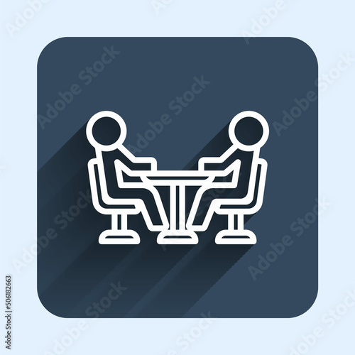 White line Meeting icon isolated with long shadow background. Business team meeting, discussion concept, analysis, content strategy. Presentation conference. Blue square button. Vector