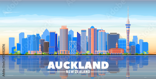 Auckland ( New Zealand ) skyline with panorama in sky background. Vector Illustration. Business travel and tourism concept with modern buildings. Image for presentation, banner, web site.
