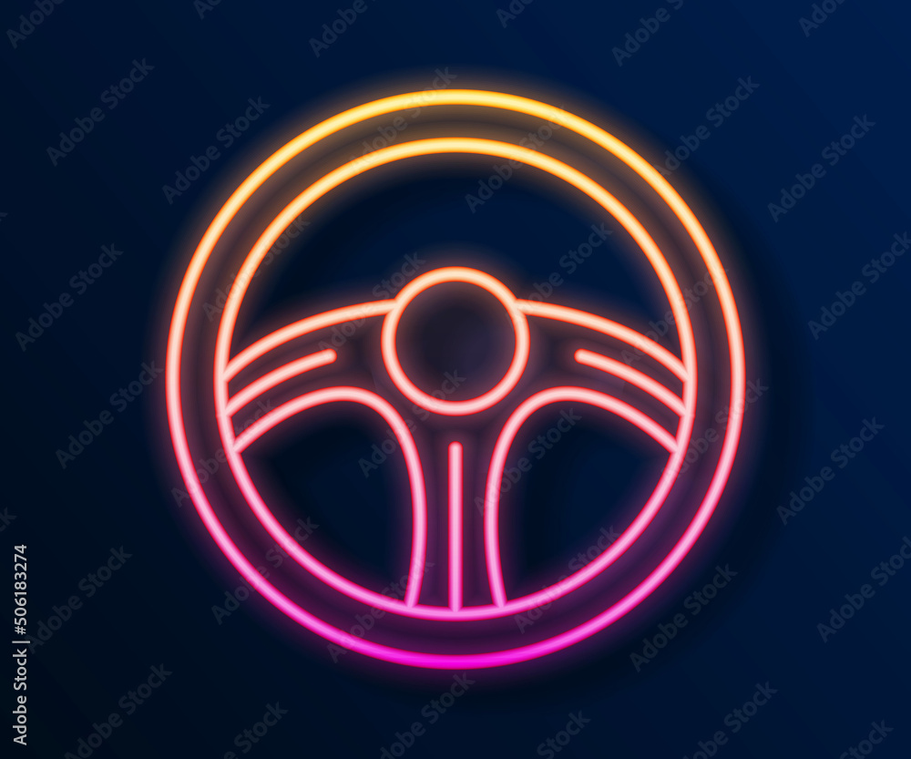 Glowing neon line Racing steering wheel icon isolated on black background. Car wheel icon. Vector Glowing neon line Racing steering wheel icon isolated on black background. Car wheel icon. Vector