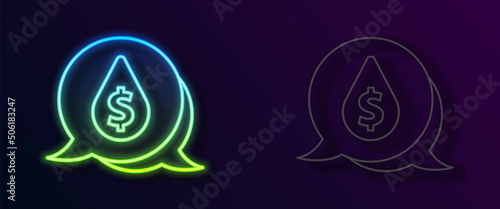 Glowing neon line Oil drop with dollar symbol icon isolated on black background. Oil price. Oil and petroleum industry. Vector