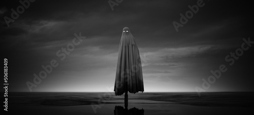 Creepy Ghost Walking Woman Sheet with Glowing White Eyes Wet Beach Dusk Paranormal Black and White 3d illustration render